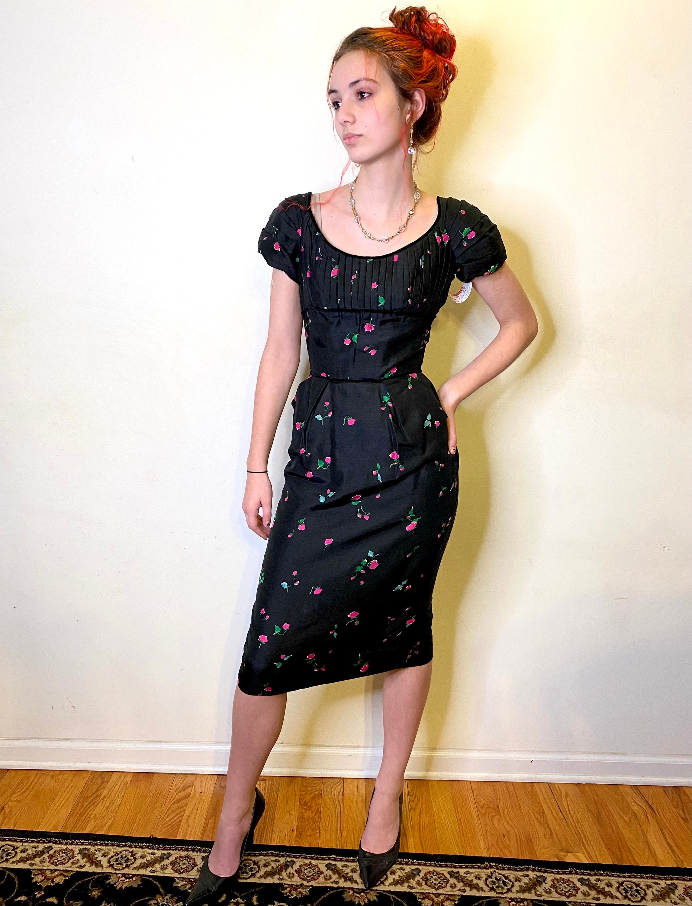 sachin and babi light blue dress Vintage 1950s Ceil Chapman Black Cocktail Dress Fit & Flare Rhinestone Trim  M/L