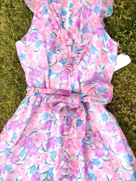 80's Vintage PINK Floral CHIFFON Dress with Ruffl… - image 2