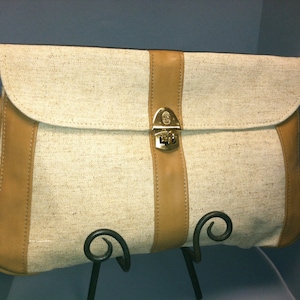 LINEN and LEATHER Boho Hipster Clutch Bag, Stylish Vintage 1970s / 1980s Purse