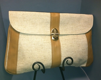 LINEN and LEATHER Boho Hipster Clutch Bag, Stylish Vintage 1970s / 1980s Purse