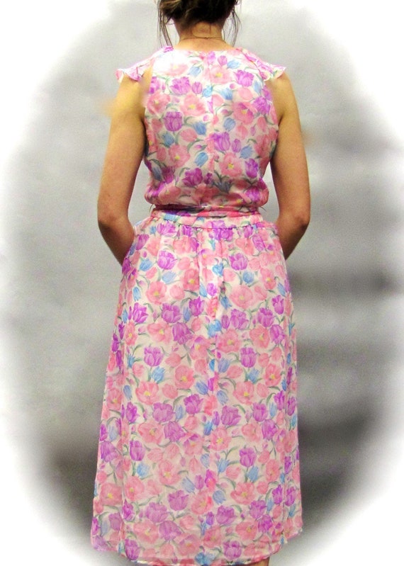 80's Vintage PINK Floral CHIFFON Dress with Ruffl… - image 6