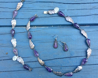 Signed 1940's Mexican Sterling Silver Parure with AMETHYST / SS Mexico Necklace, Bracelet, Earrings Set