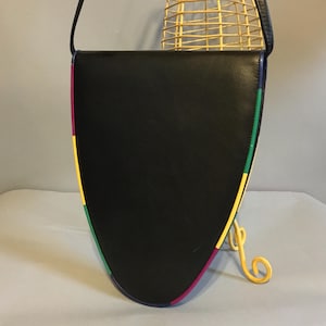 Vintage 1980s Structural Black LEATHER Crossbody Purse / 80s DISCO Shoulder Bag / RAINBOW Triangle Purse, Gay Pride