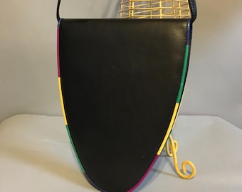 Vintage 1980s Structural Black LEATHER Crossbody Purse / 80s DISCO Shoulder Bag / RAINBOW Triangle Purse, Gay Pride