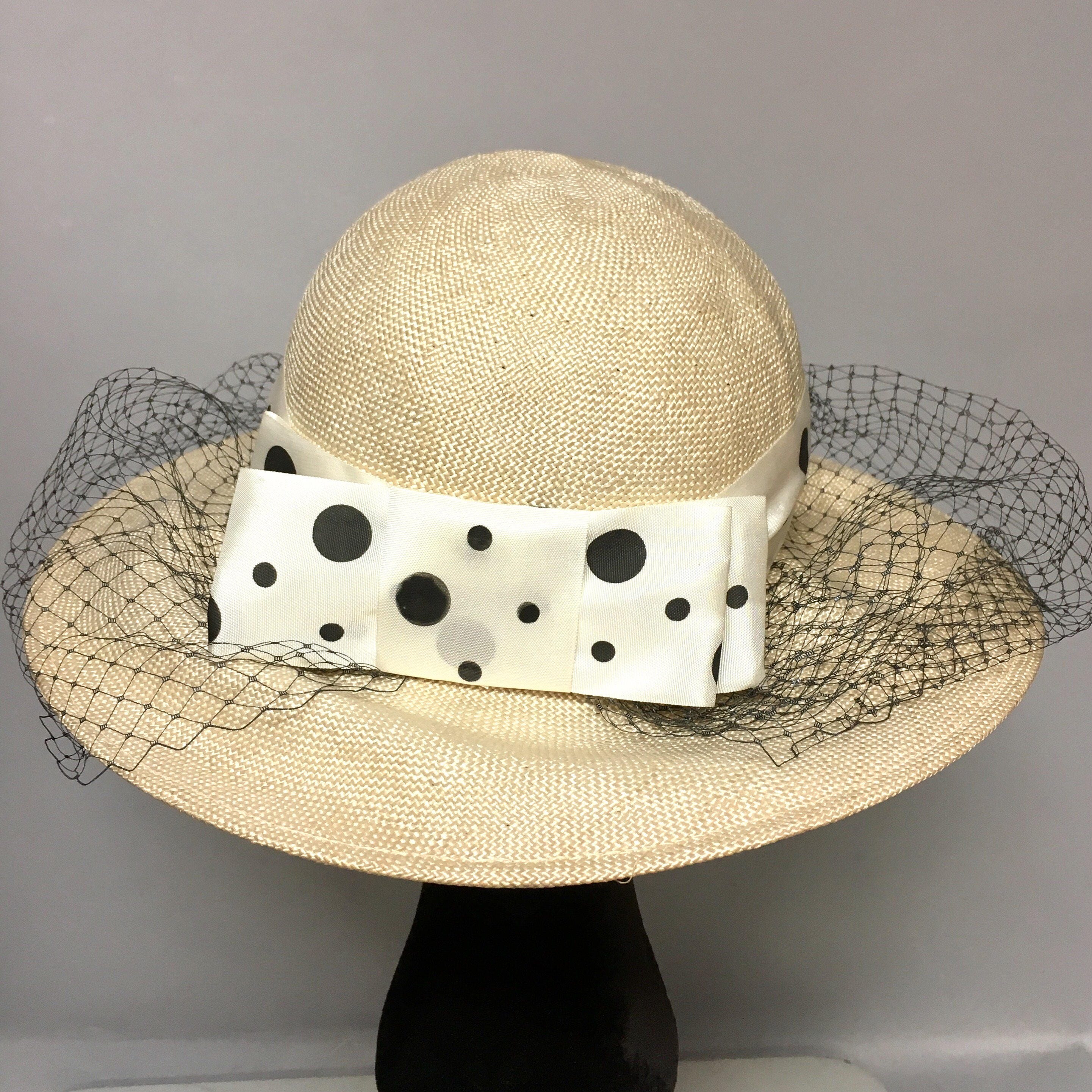 Vintage Nordstrom Open Top Hat 70s Black Woven Straw Red Polka Dot Bow Italy Wide Brim Black Vintage Hats for Women for sale | eBay main image 2