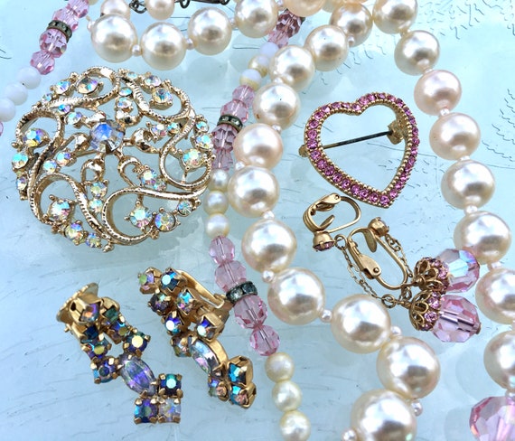 6 Fab Pink Crystal Jewelry Pieces / Vintage AB Brooch & Rhinestone Earrings