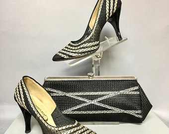 1950's ART DECO Clutch Bag, Matching Vintage 50s High Heel Shoes, size 6.5, ROCKABILLY Purse & Shoes Set