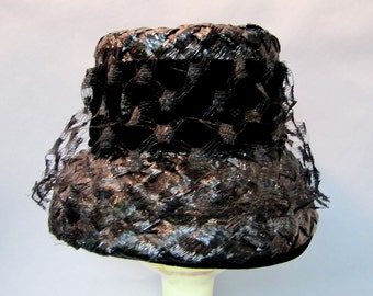 Vintage 1950's Black CELLOPHANE STRAW Top Hat or Bucket Style with VELVET Trim and Netting