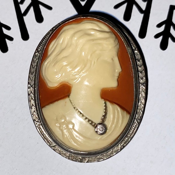 Vintage 1920er Hübsche Celluloid CAMEO Habille Pin, C-Verschluss Brosche