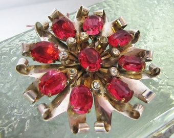 1940's STERLING SILVER Flower Brooch with Pink Rhinestones Pin or Pendant