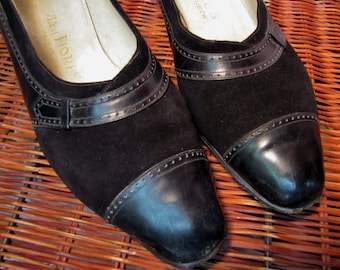 Spectateurs 1950's BLACK Suede - ITALIAN Leather, Low Heel Walker Shoes