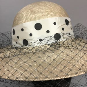 Vintage 1970's Straw WIDE BRIM Hat, with POLKA Dots, Netting, and Bow, Super Cute!