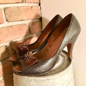 Bronze Vintage 1950&#39;s Open Toe Heels / Fifties STILETTO High Heel Shoes / size 8.5 N