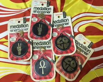 Vintage 1970 LOVE, Ankh, or Peace Fingers Pencil Sharpener Medallion, Original Package