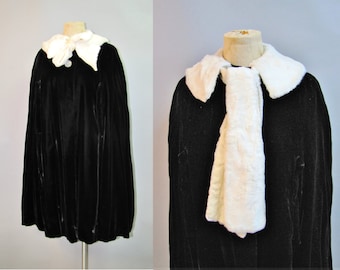 MOD Vintage 1960's Black VELVET & White Cape, with FAKE Fur