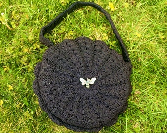 Navy Blue 1940's Round CORDE Purse with Honey BEE INSECT Pins / Rockabilly 50s Corde Bag
