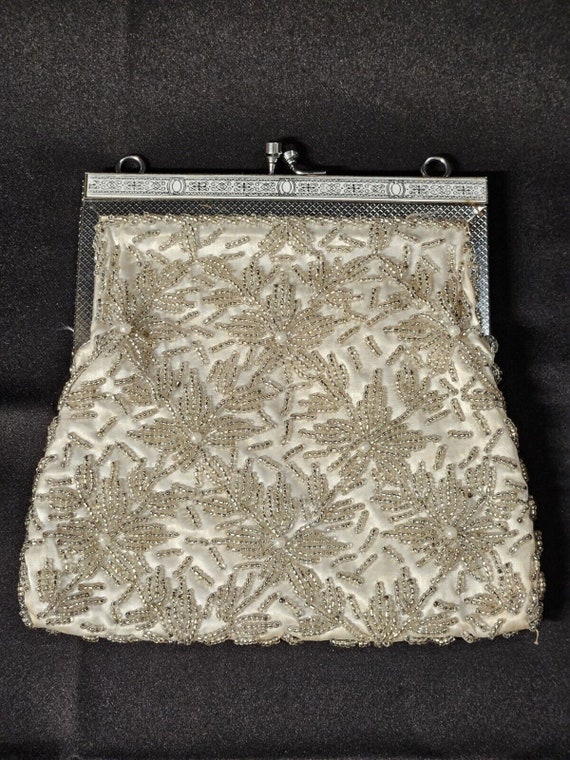 Vintage MCM Silver Clear Hand Beaded Purse Clutch 
