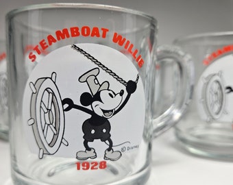 Disney Steamboat Willie 1928 Mickey Mouse Clear Glass Anchor Hocking Mug Set Of 4