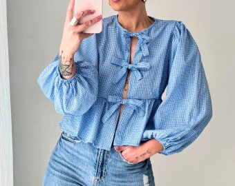 Women Plaid Bow Lace Up Shirt, Loose Round Neck Puffy Blouse, Vintage Long Sleeve Short Top, Elegant Womans Street Blouse,