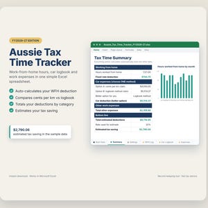 Puede incluir: Una hoja de cálculo digital titulada Aussie Tax Time Tracker FY2026-27 Edition. La interfaz muestra un resumen de impuestos con columnas para horas de trabajo desde casa, gastos de coche y un gráfico de barras de horas trabajadas.