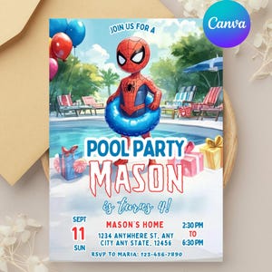 Może przedstawiać: Prostokątne zaproszenie na imprezę przy basenie z postacią Spider-Mana i niebieskim kołem do pływania. Tekst brzmi: JOIN US FOR A POOL PARTY MASON is turns 4! SEPT 11 SUN, MASON'S HOME, 1234 ANYWHERE ST, ANY CITY ANY STATE, 12456, 2:30 PM TO 6:30 PM, RSVP TO MARIA: 123-456-7890.
