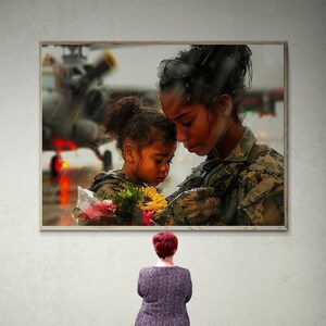 May include: A woman wearing a purple dress gazes at a framed photograph depicting a woman in military uniform holding a young girl. The girl is holding a bunch of flowers. The photo is set against a blurred background of a helicopter and rain.