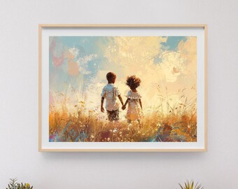 First Crush Young Black Love African American Art Valentines Day Art Black Watercolor Art Home Decor Art Housewarming Gift Digital Download