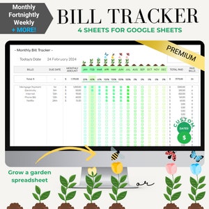 Może przedstawiać: Ekran komputera wyświetlający szablon arkusza kalkulacyjnego Google Sheets do śledzenia rachunków. Szablon nosi tytuł "Bill Tracker" i ma kolorowy motyw ogrodowy z kwiatami i pszczołami. Arkusz kalkulacyjny zawiera kolumny dla nazwy rachunku, daty płatności, miesięcznej kwoty i statusu płatności. Szablon jest przeznaczony do użytku z Google Sheets.