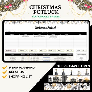 Puede incluir: Un planificador de comida navideña para Google Sheets, imprimible digitalmente. El planificador incluye secciones para aperitivos, platos principales, acompañamientos, postres, bebidas y otros. También incluye una sección de planificación del menú, una lista de invitados y una lista de compras. El planificador tiene un diseño en blanco y negro con detalles dorados y un tema navideño festivo.