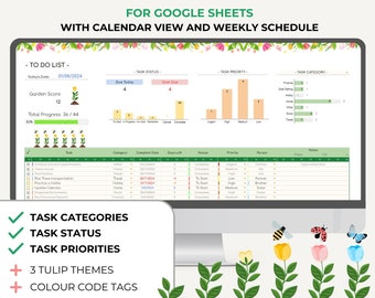 Feuilles Google avec liste de choses à faire, modèle de liste de contrôle numérique, liste de tâches mensuelles à faire, calendrier, programme hebdomadaire, tâches quotidiennes, tulipe printanière