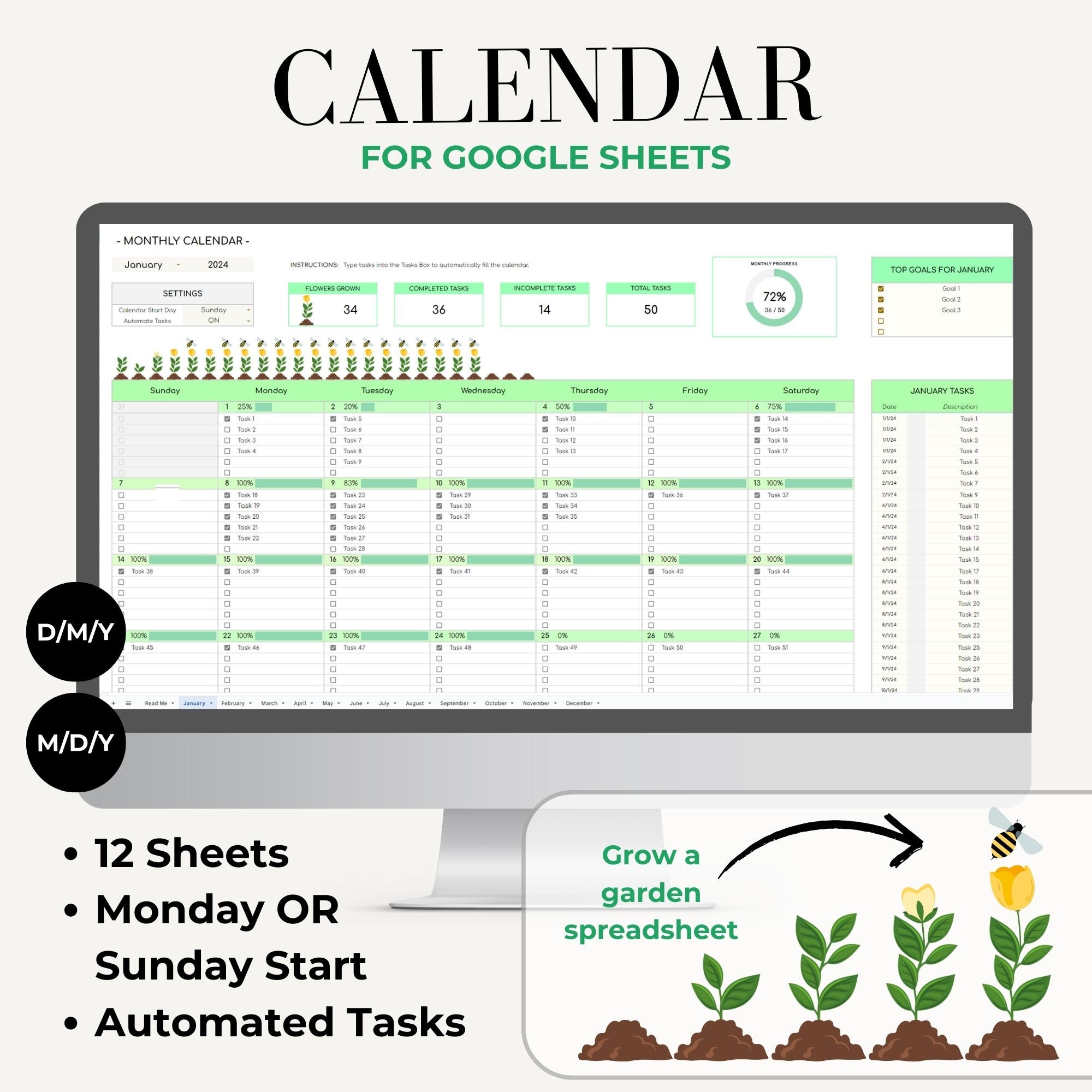 2024 Calendar Template Google Sheets, Yearly Calendar, Monthly Calendar
