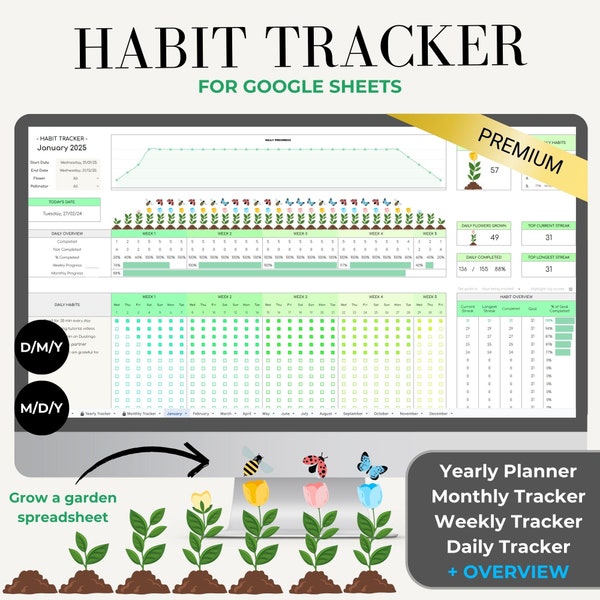 Habit Tracker Spreadsheet Google Sheets Template, Digital Yearly Goal Planner, Daily Weekly Monthly Habit Tracker, Green Tulip Premium
