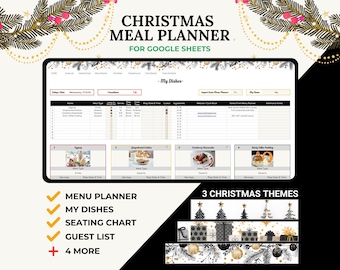 Christmas Meal Planner for Google Sheets, Christmas Menu Template, Guest List, Seating Chart, Shopping List, Event Planner, Luxe Pine