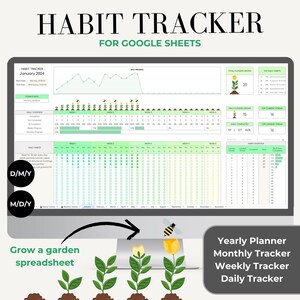 Puede incluir: Una hoja de cálculo de seguimiento de hábitos digital para Google Sheets con un tema de jardín. La hoja de cálculo incluye un planificador diario, semanal, mensual y anual. La hoja de cálculo está diseñada para ayudar a los usuarios a realizar un seguimiento de su progreso hacia sus objetivos.