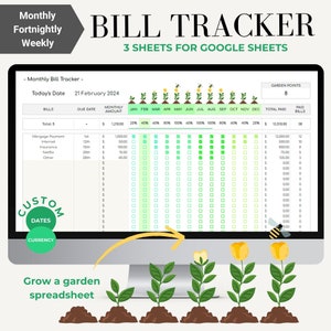 Może przedstawiać: Ekran komputera wyświetlający szablon arkusza kalkulacyjnego Google Sheets do śledzenia rachunków. Arkusz kalkulacyjny nosi tytuł "Bill Tracker" i zawiera kolumny z datą płatności, kwotą miesięczną i statusem płatności. Arkusz kalkulacyjny zawiera również wizualną reprezentację ogrodu, z roślinami rosnącymi w miarę spłacania rachunków.