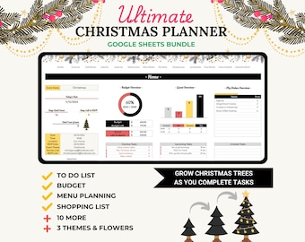 May include: A colorful digital planner for Christmas, with a Google Sheets bundle. The planner includes sections for to-do lists, budget, menu planning, shopping lists, and more. The image shows a progress bar with a 60% completion rate, and a Christmas tree growing as tasks are completed.