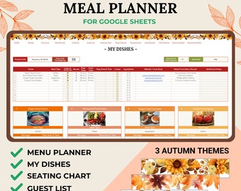 Thanksgiving Meal Planner for Google Sheets, Digital Thanksgiving Dinner Planner, Guest List, Seating Chart, Shopping List, Fall Sunflowers