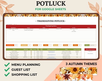 May include: A printable Thanksgiving potluck menu planner for Google Sheets. The menu includes appetizers, mains, sides, desserts, drinks, and other items. The planner also includes a section for dietary requirements and a list of 3 autumn themes.