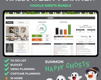 Planilhas Google para Planejador de Halloween, Planejamento de Festa Digital de Halloween, Orçamento de Halloween, Cronograma de Eventos, Fantasia, Lista de Tarefas, Menu, Fantasmas Felizes