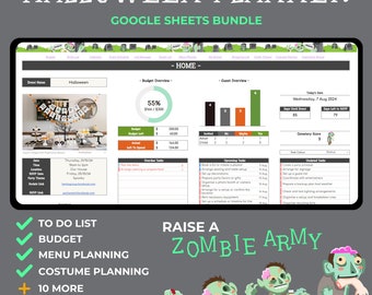 Planilhas Google para Planejador de Halloween, Planejamento de Festa Digital de Halloween, Orçamento de Halloween, Cronograma de Eventos, Fantasia, Lista de Tarefas, Menu, Exército Zumbi