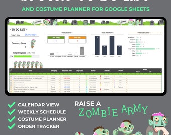 May include: A digital to-do list template for Google Sheets with a spooky theme. The template includes a task list, task status, task priority, and task category. The template is designed to help users organize their tasks and stay on track. The template features a green and black color scheme with a zombie theme.