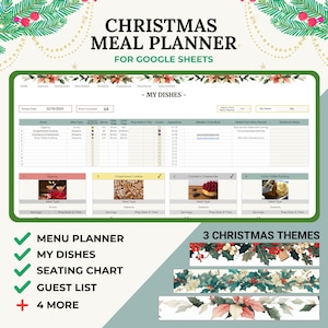 May include: A digital planner for Google Sheets with a Christmas theme. The planner includes sections for a menu, dishes, seating chart, guest list, and more. The image shows a sample of the planner with a Christmas-themed background and a list of dishes.