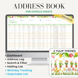 Address Book Template For Google Sheets Contact List Template, Contact List Manager, Digital Address Book Organiser,  Green Tulip Premium