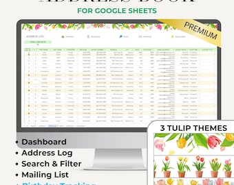 Modèle de carnet d&#39;adresses pour Google Sheets Modèle de liste de contacts, gestionnaire de liste de contacts, organiseur de carnet d&#39;adresses numérique, tulipe verte premium