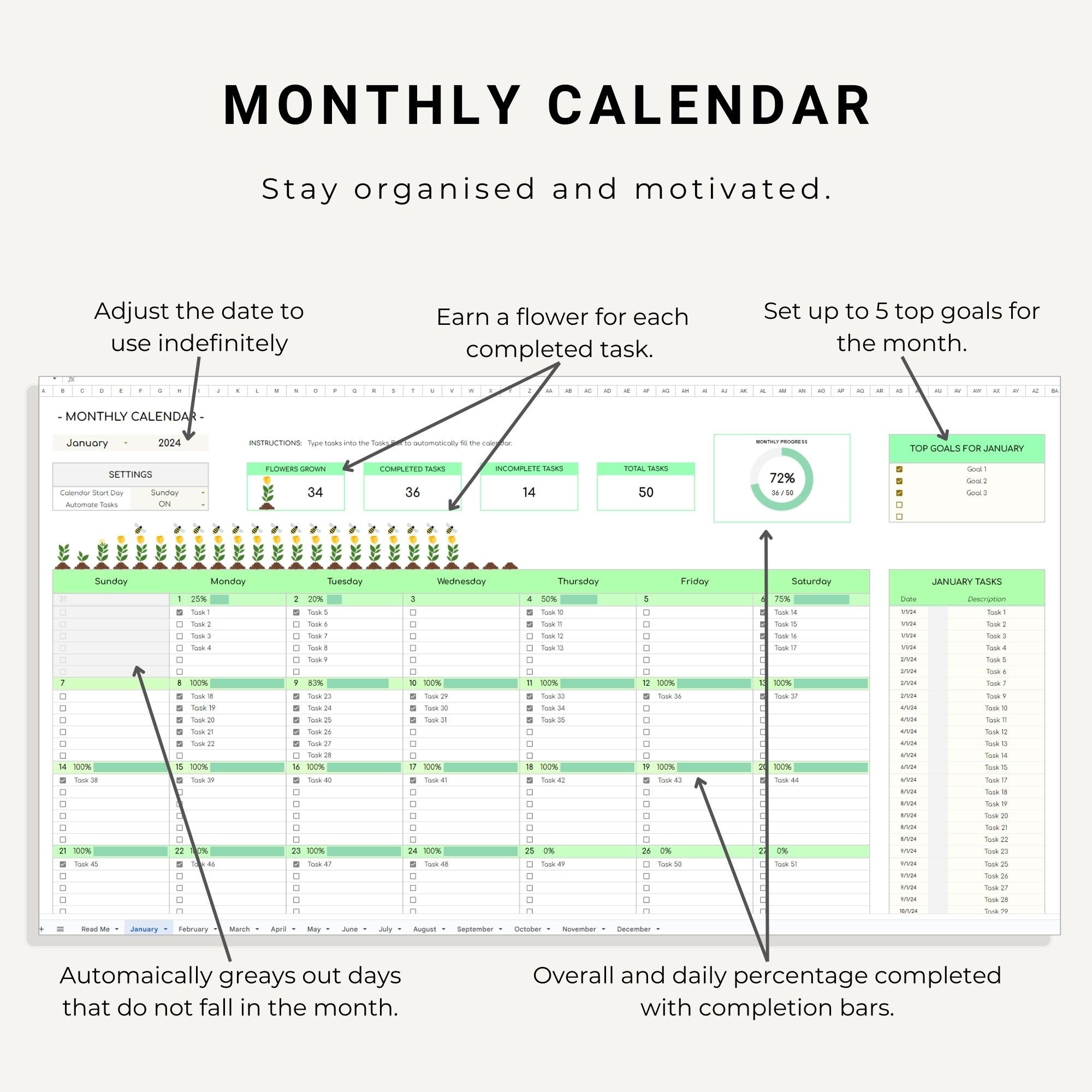 2024 Calendar Template Google Sheets, Yearly Calendar, Monthly Calendar