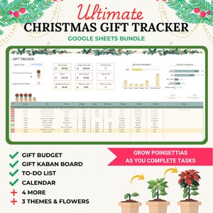Hojas de cálculo de Google para el seguimiento de regalos navideños, plantilla de hoja de cálculo de lista navideña, planificador navideño, lista de deseos, lista de tareas pendientes para las fiestas, flores de Pascua