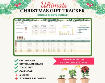 May include: A digital illustration of a Google Sheets Christmas gift tracker template. The template includes a gift budget, a Kanban board, a to-do list, a calendar, and more. The illustration also includes a visual representation of growing poinsettias as you complete tasks.