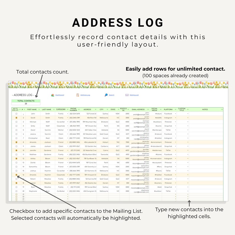 Postcode Spreadsheet Google Sheets Address Book, Contact List Template for Google Sheets ...