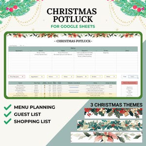 May include: A Christmas potluck planning template for Google Sheets. The template includes sections for starters, main courses, sides, desserts, drinks, and other. It also includes a guest list, dietary requirements, and a shopping list. The template is decorated with a festive Christmas theme.