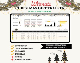 May include: A digital illustration of a Google Sheets spreadsheet with a Christmas theme. The spreadsheet is titled "Ultimate Christmas Gift Tracker" and includes a gift budget, gift Kaban board, to-do list, calendar, and more. The illustration also includes a visual representation of growing Christmas trees as you complete tasks.